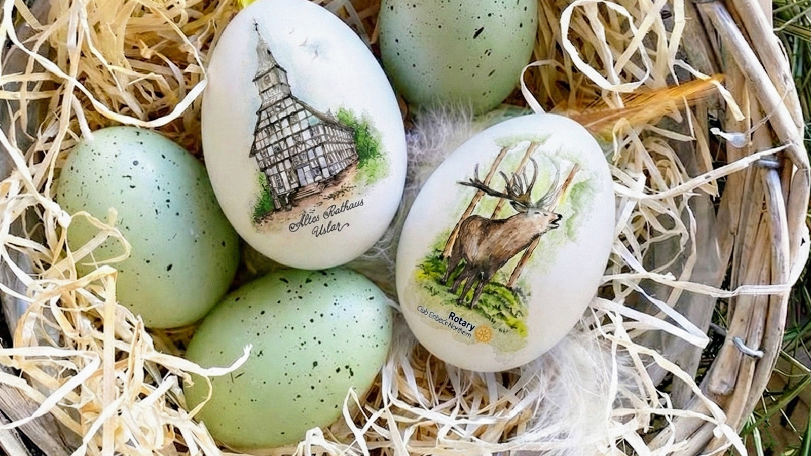 Die diesjährigen Motive „Altes Rathaus Uslar und ein kapitaler Solling-Hirsch“ auf dem Rotary GlücksEi.